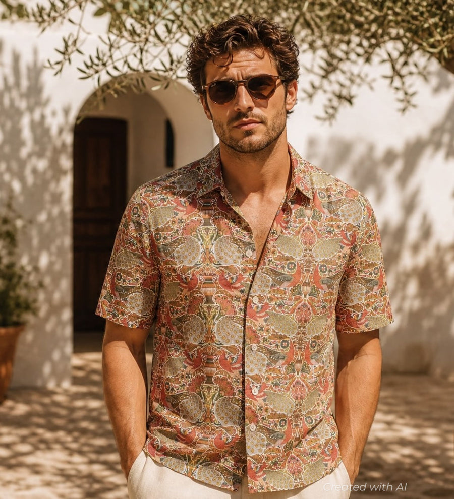 Printed Cotton Camp Collar Shirt - Bronze - Collared Shirt
