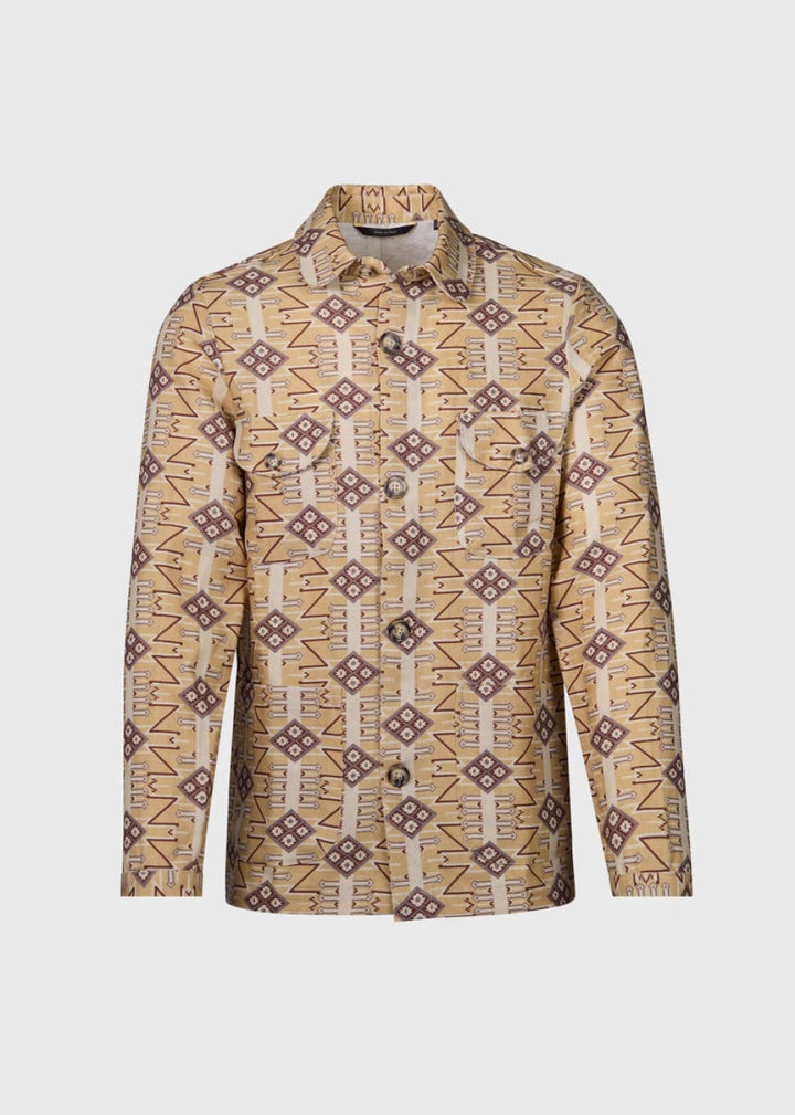 Printed Linen Shirt Jacket - Tan - Collared Shirt