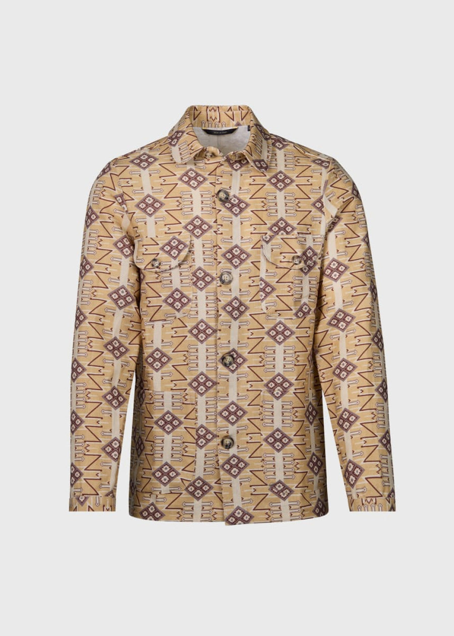 Printed Linen Shirt Jacket - Tan - Collared Shirt