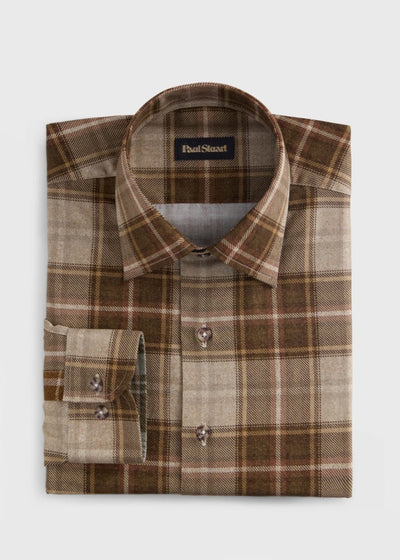 Printed Plaid Brushed Cotton Shirt - Sage/Brown - Collared Shirt