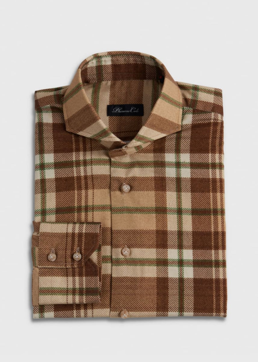 Printed Plaid Brushed Cotton Sport Shirt - Brown/Tan - Collared Shirt