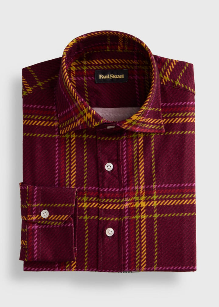 Printed Plaid Flannel Shirt - Burgundy - Collared Shirt