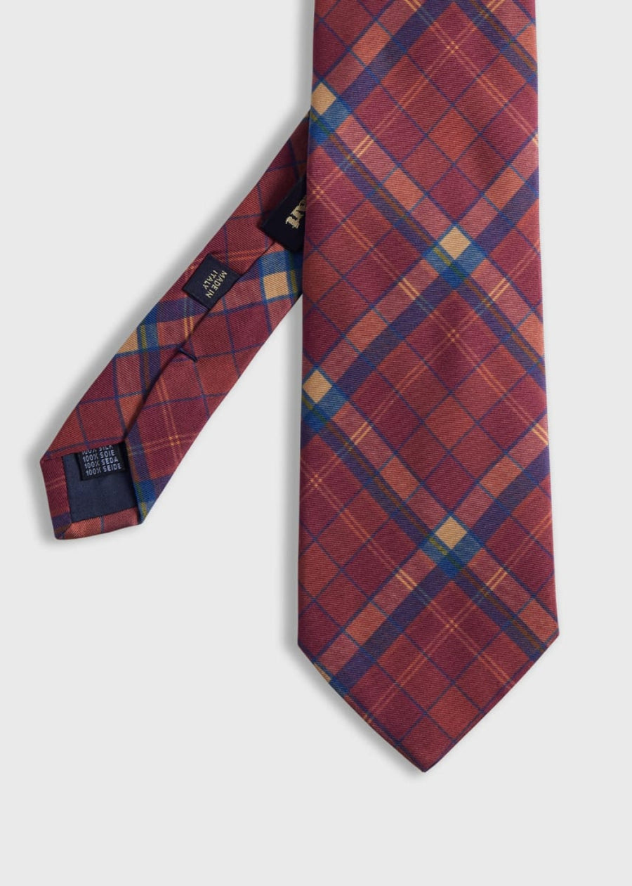 Printed Silk Madder Plaid Tie - Red - ONE SIZE - Tie