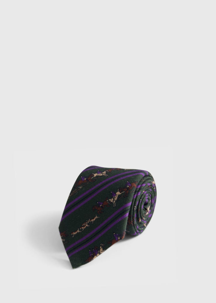 Printed Silk Rider Motif Tie - Olive - One Size - Tie