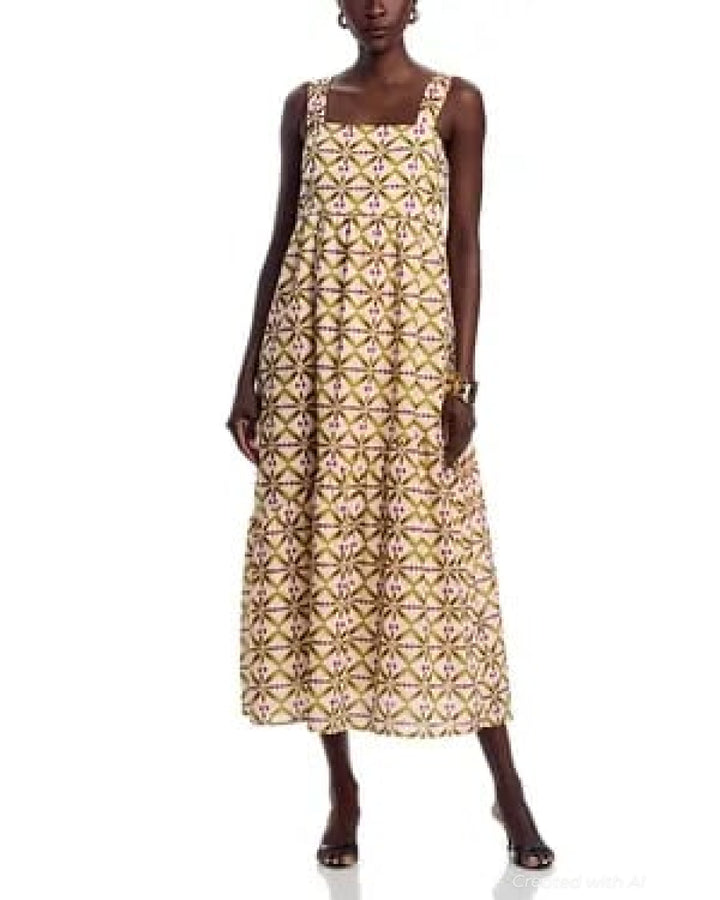 Printed Square Neck Midi Dress - Dresses