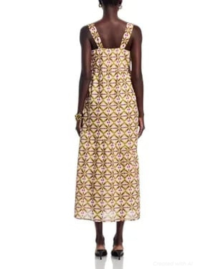 Printed Square Neck Midi Dress - Dresses