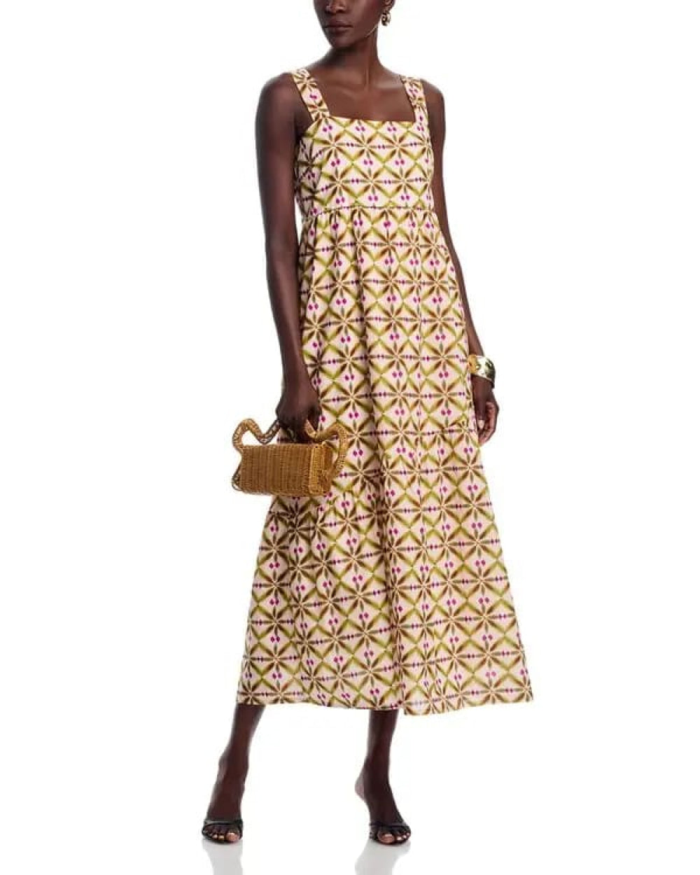 Printed Square Neck Midi Dress - Dresses