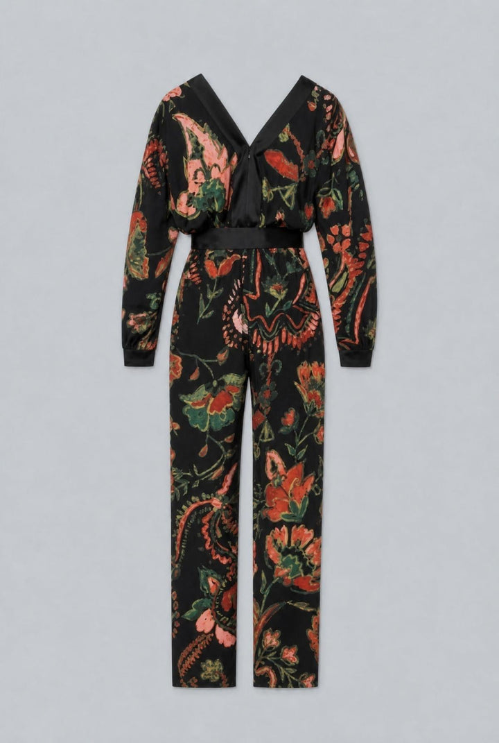Printed V-Neck Jumpsuit - Black Combo - Jumpsuit