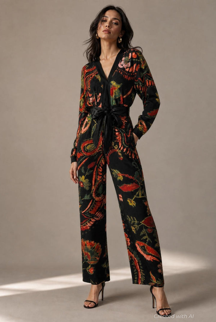 Printed V-Neck Jumpsuit - Black Combo - Jumpsuit
