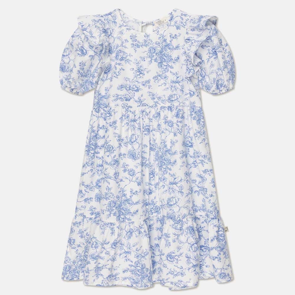 Cotton Floral Ruffle Dress - Ivory Blue Dresses + Skirts My Little Cozmo 