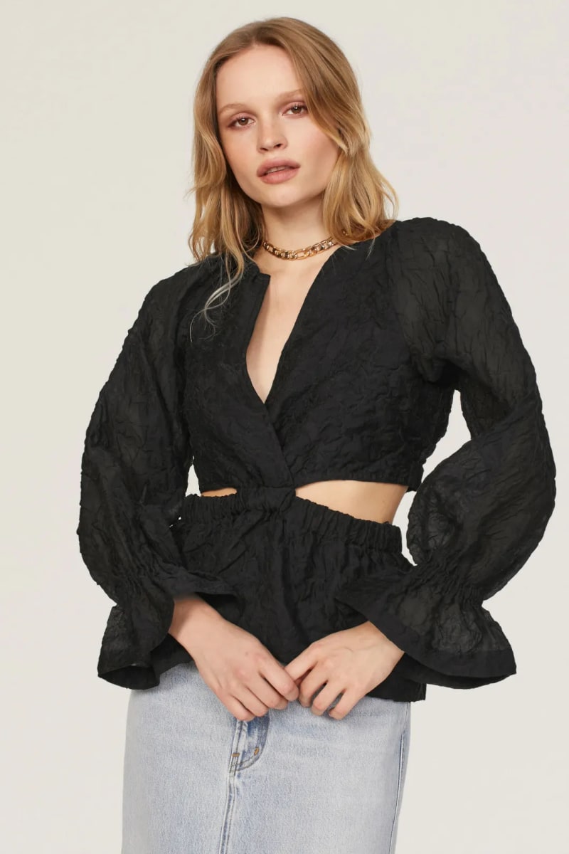 Organza Long Sleeve Wrap Top With Cutouts - Black