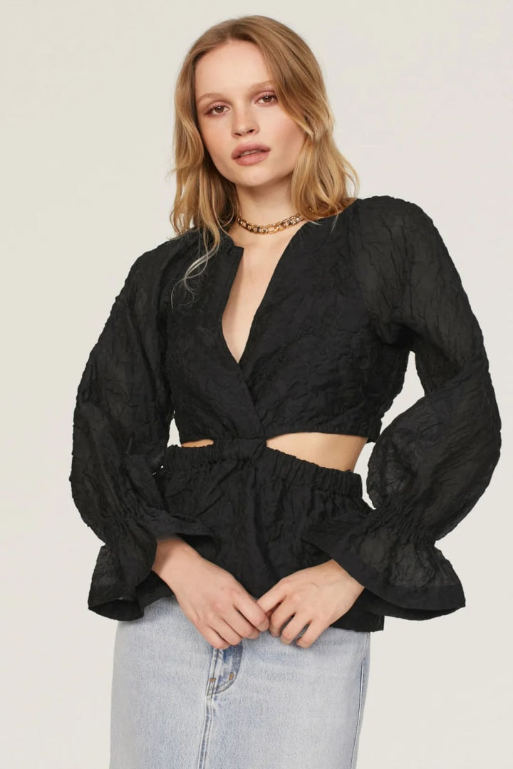 Organza Long Sleeve Wrap Top With Cutouts - Black
