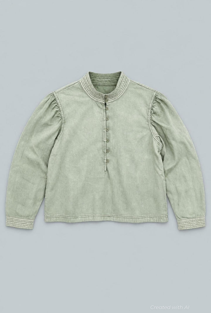 Puff Sleeve Chambray Blouse - Sage - Blouse