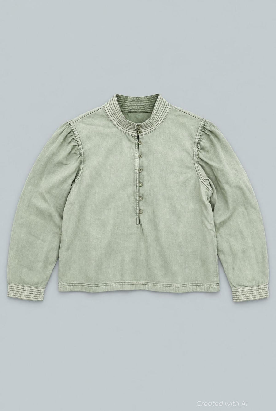 Puff Sleeve Chambray Blouse - Sage - Blouse