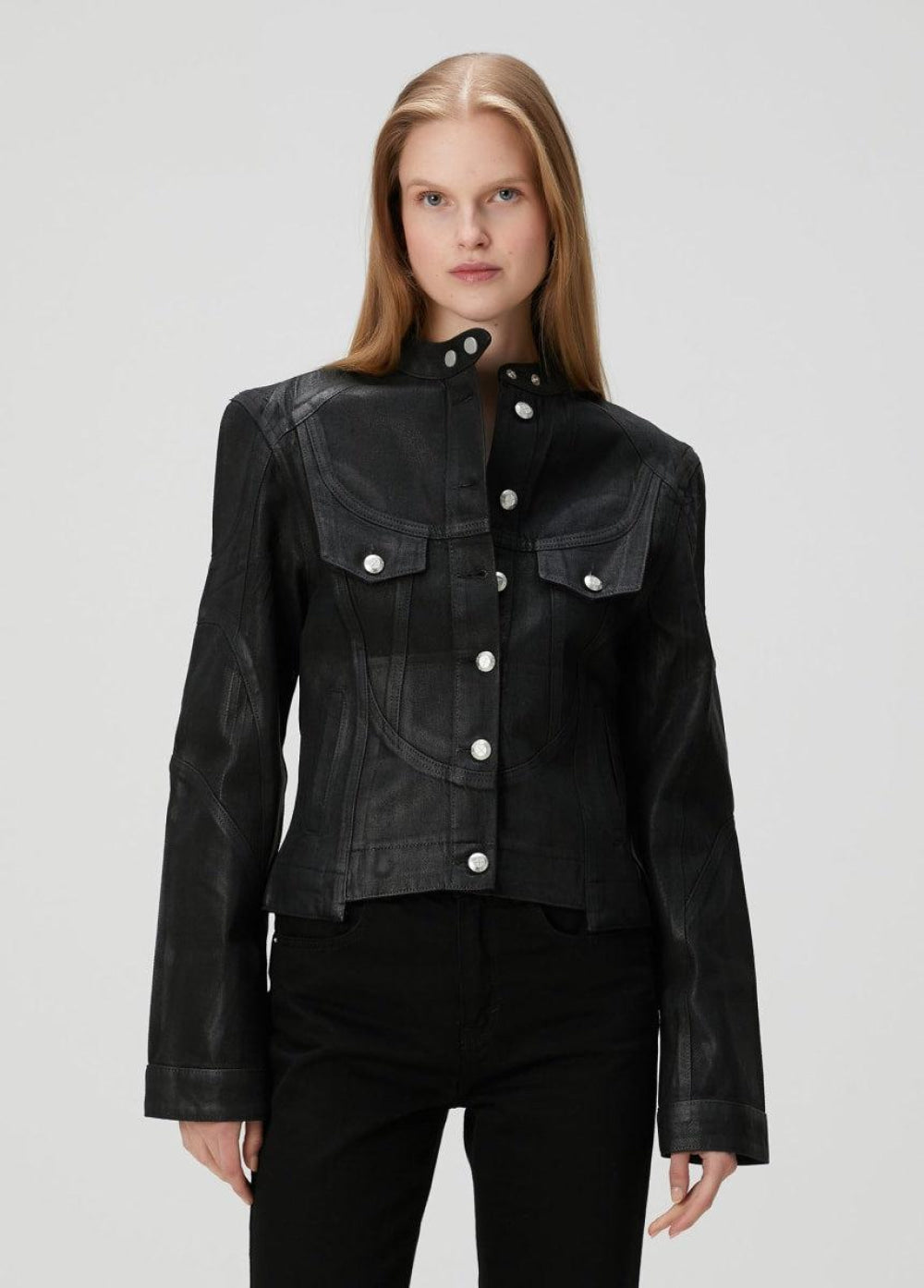 Pure Cotton Shiny Coated Women Denim Jacket - Black - Jacket