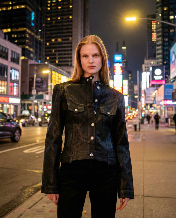 Pure Cotton Shiny Coated Women Denim Jacket - Black - Jacket