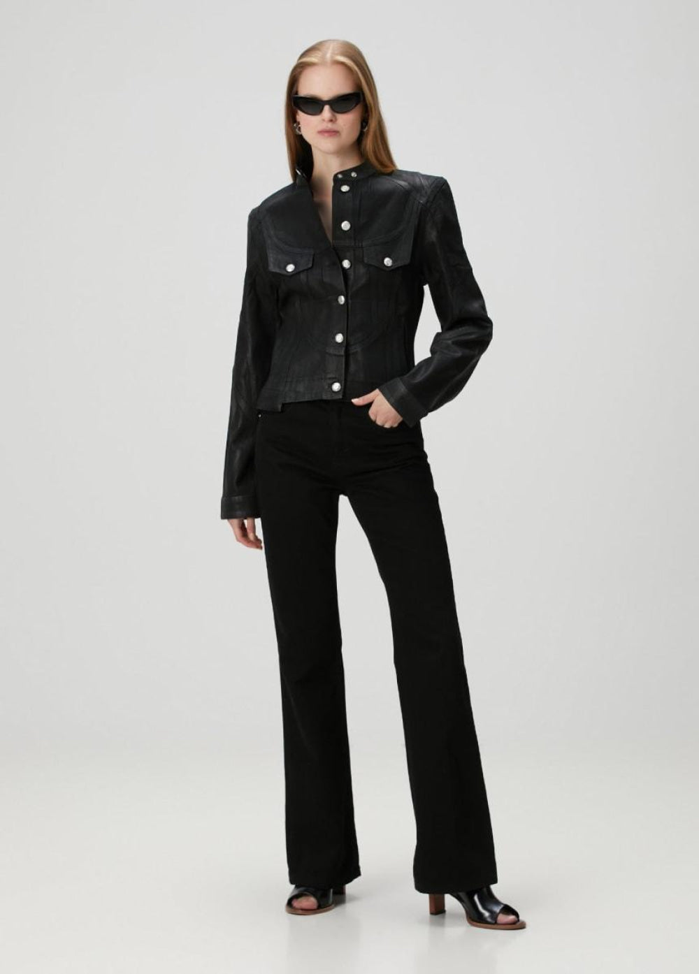 Pure Cotton Shiny Coated Women Denim Jacket - Black - Jacket