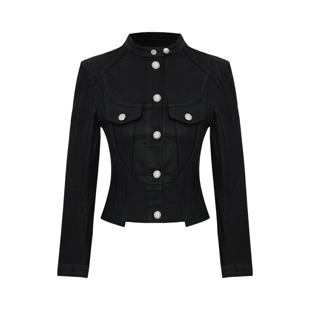Pure Cotton Shiny Coated Women Denim Jacket - Black - Jacket