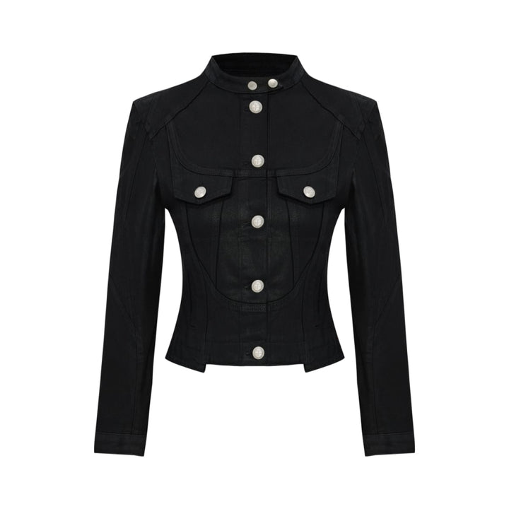 Pure Cotton Shiny Coated Women Denim Jacket - Black - Jacket