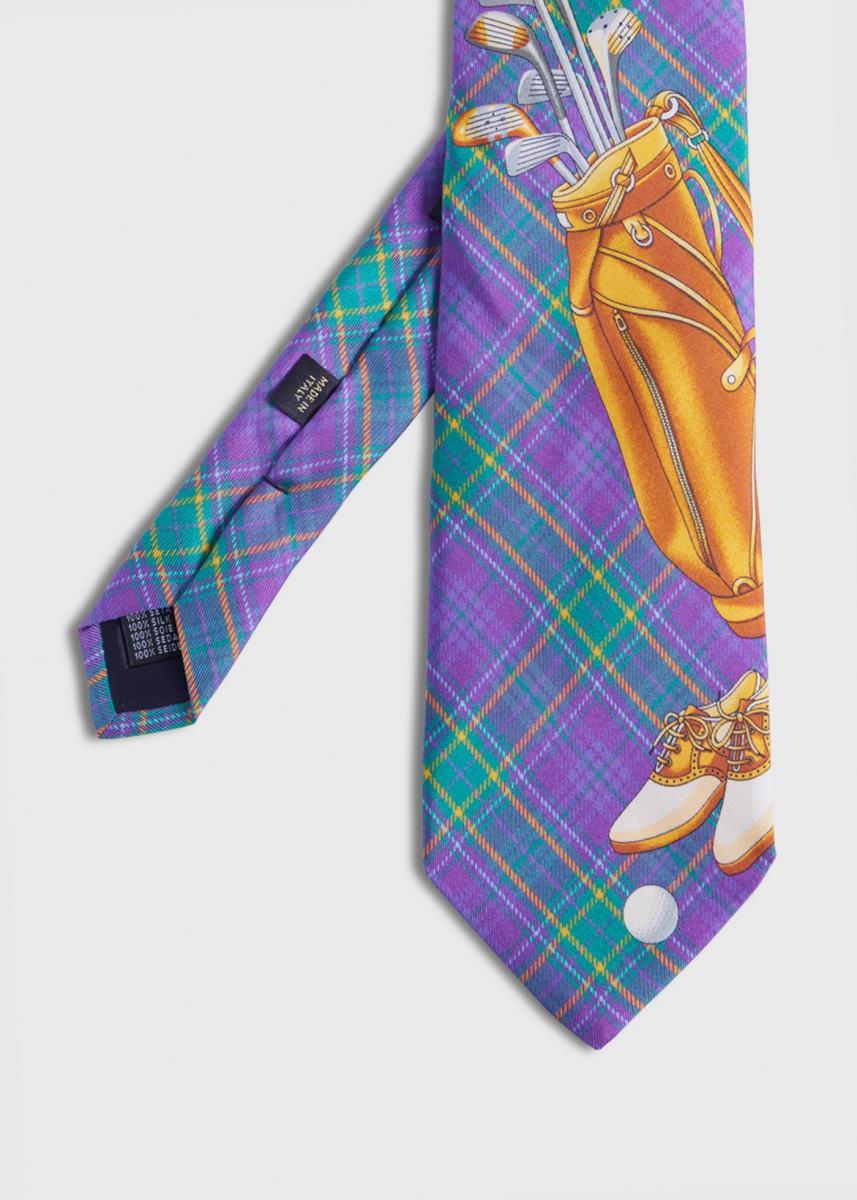 Plaid Golf Bag Print Silk Tie - Purple
