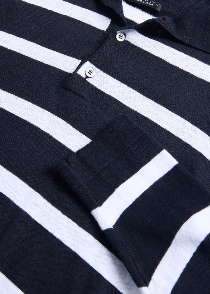Stripe Linen & Cotton Long Sleeve Polo - Black/White