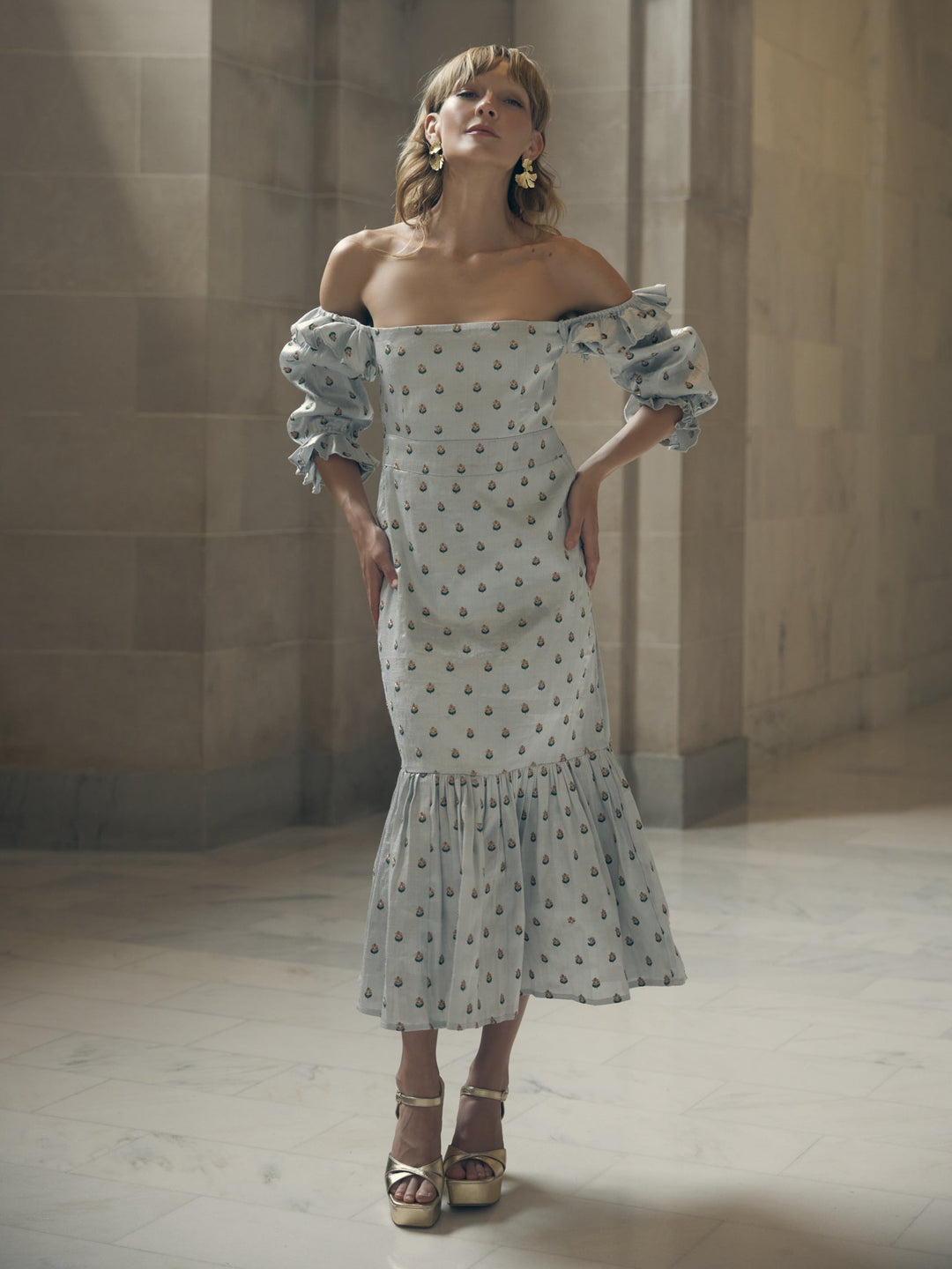 Desirae Embroidered Midi Dress - Light Silver/Micro Floral Embroidery