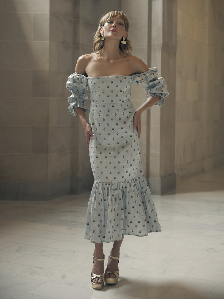 Desirae Embroidered Midi Dress - Light Silver/Micro Floral Embroidery