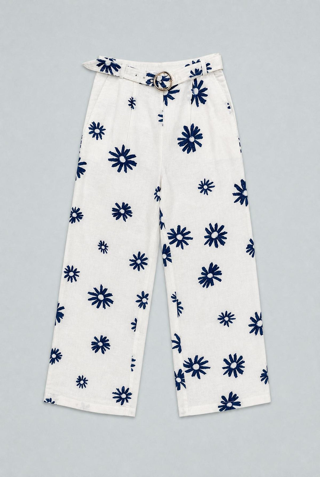 Embroidered Wide Leg Pants With Belt - White Combo