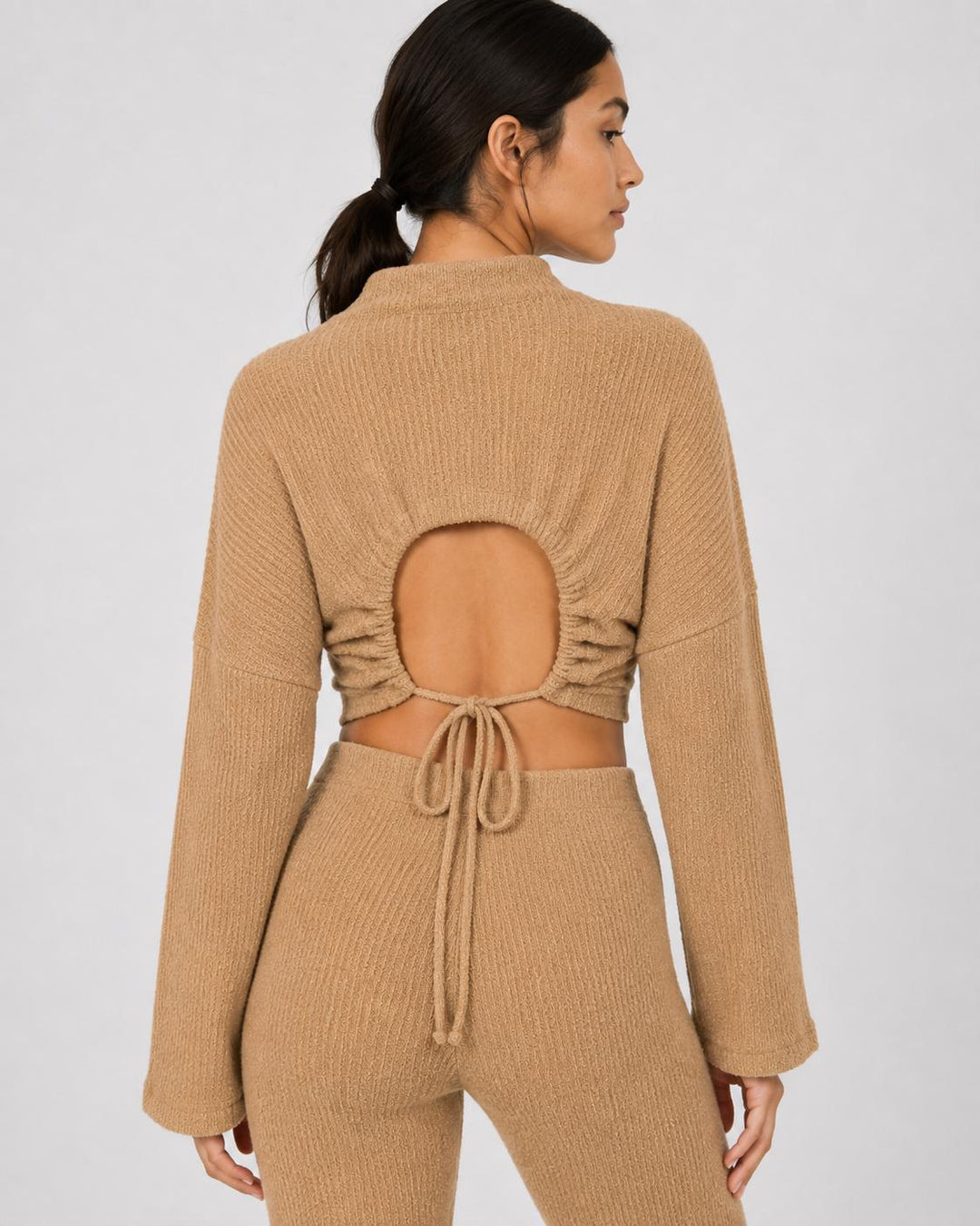 Ribbed Textured Open Back Top - Camel