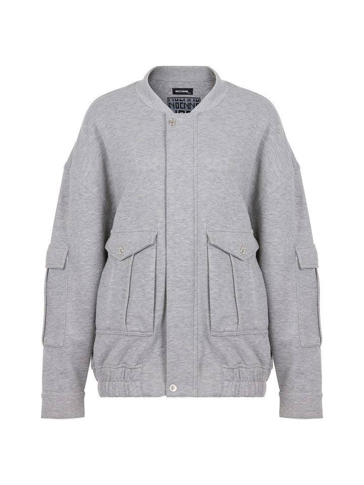 Loose-Fit Bomber Jacket with Pockets - Grey Melange
