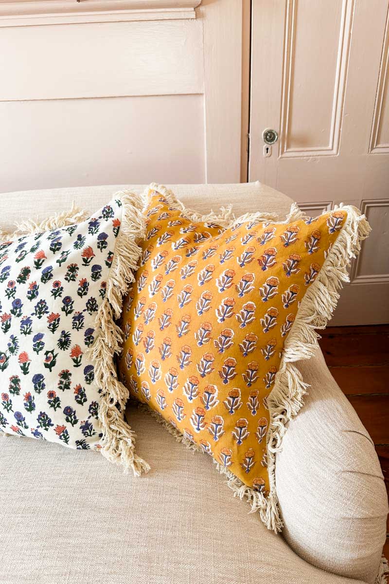 20X20 Linen Pillow Covers with Cotton Fringe - French Marigolds Saffron Linen