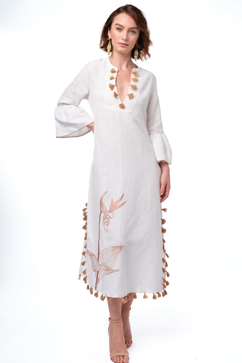 Sarina Kaftan - White/Beige Embroidery