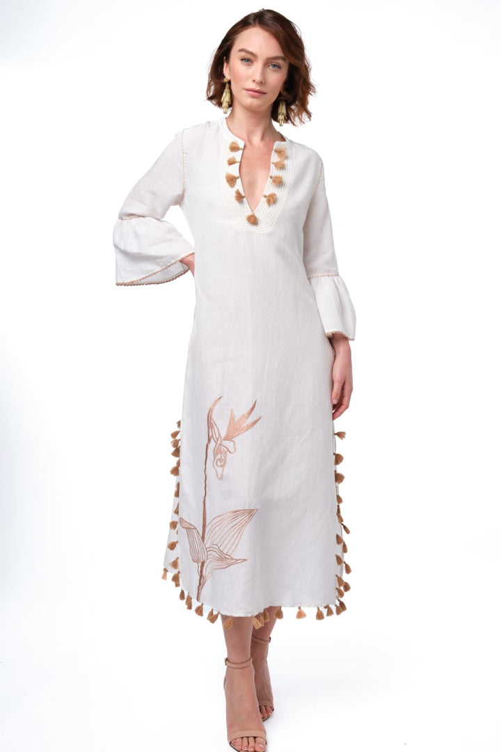 Sarina Kaftan - White/Beige Embroidery