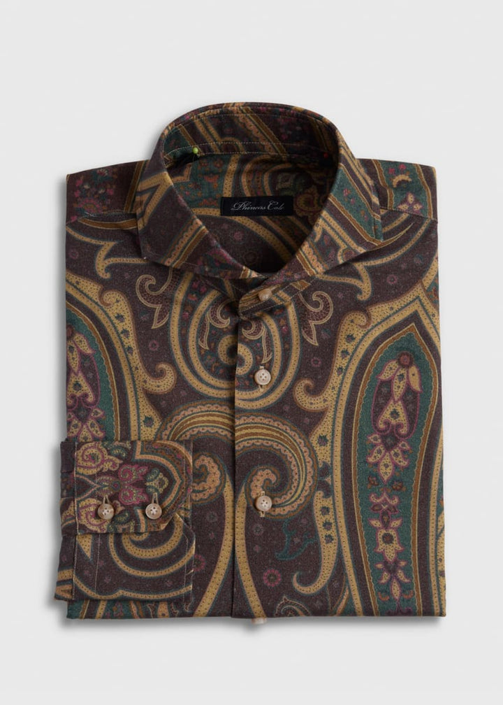 Printed Paisley Brushed Cotton Sport Shirt - Brown