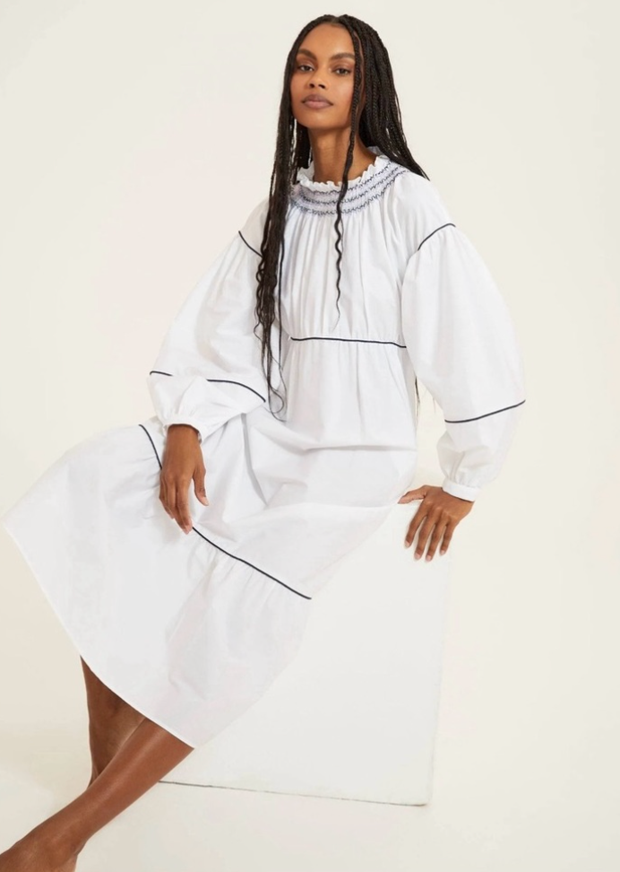 Smocked Puff Sleeve Midi Dress - White