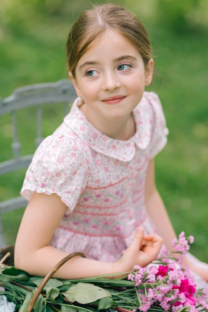 Violette Short Puff Smocked Dress - Floral/Pink
