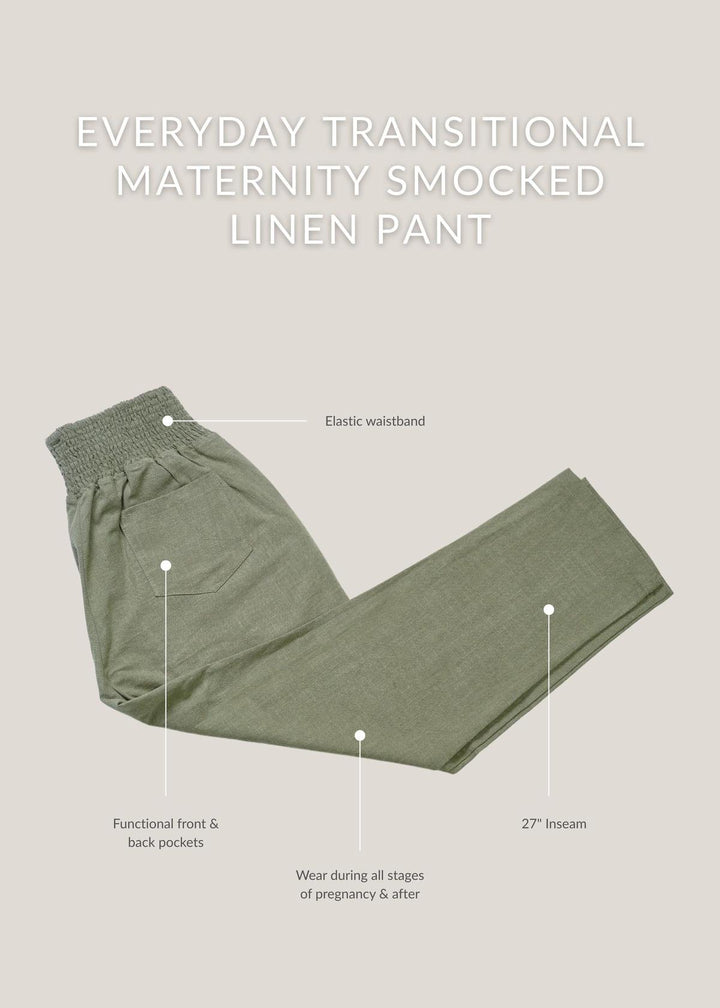 Adult Plus Size Transitional Maternity Smocked Linen Pant - Olive