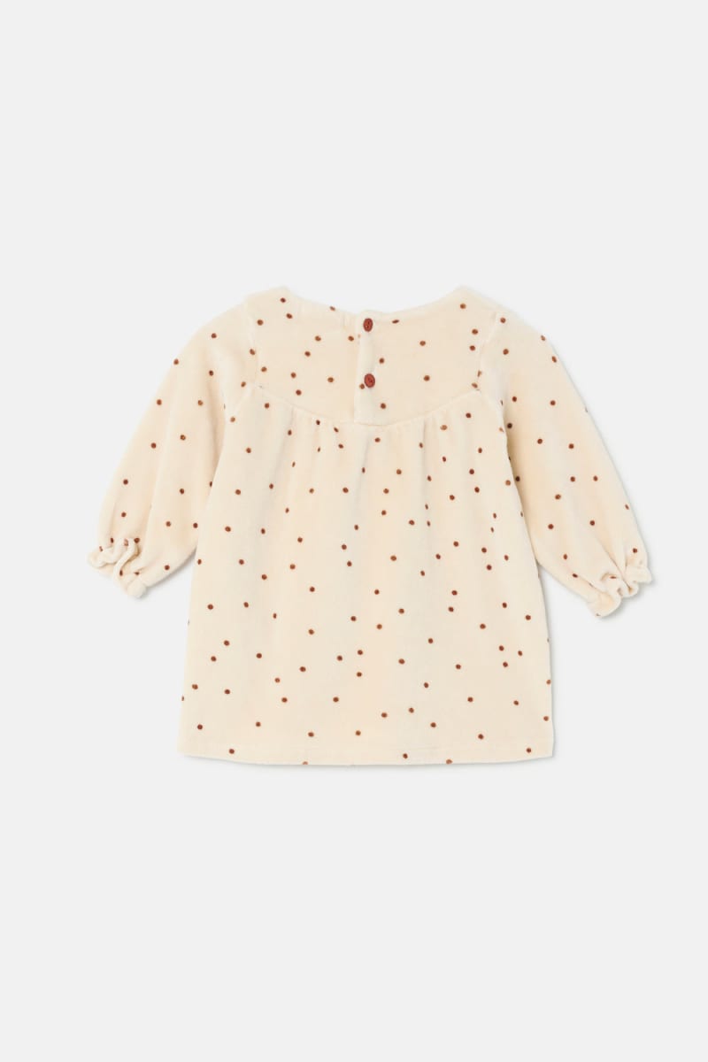 Polka Dot Velour Baby Dress - Stone
