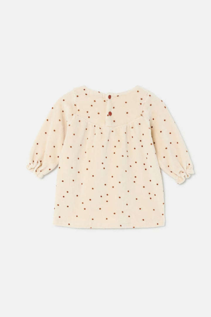 Polka Dot Velour Baby Dress - Stone