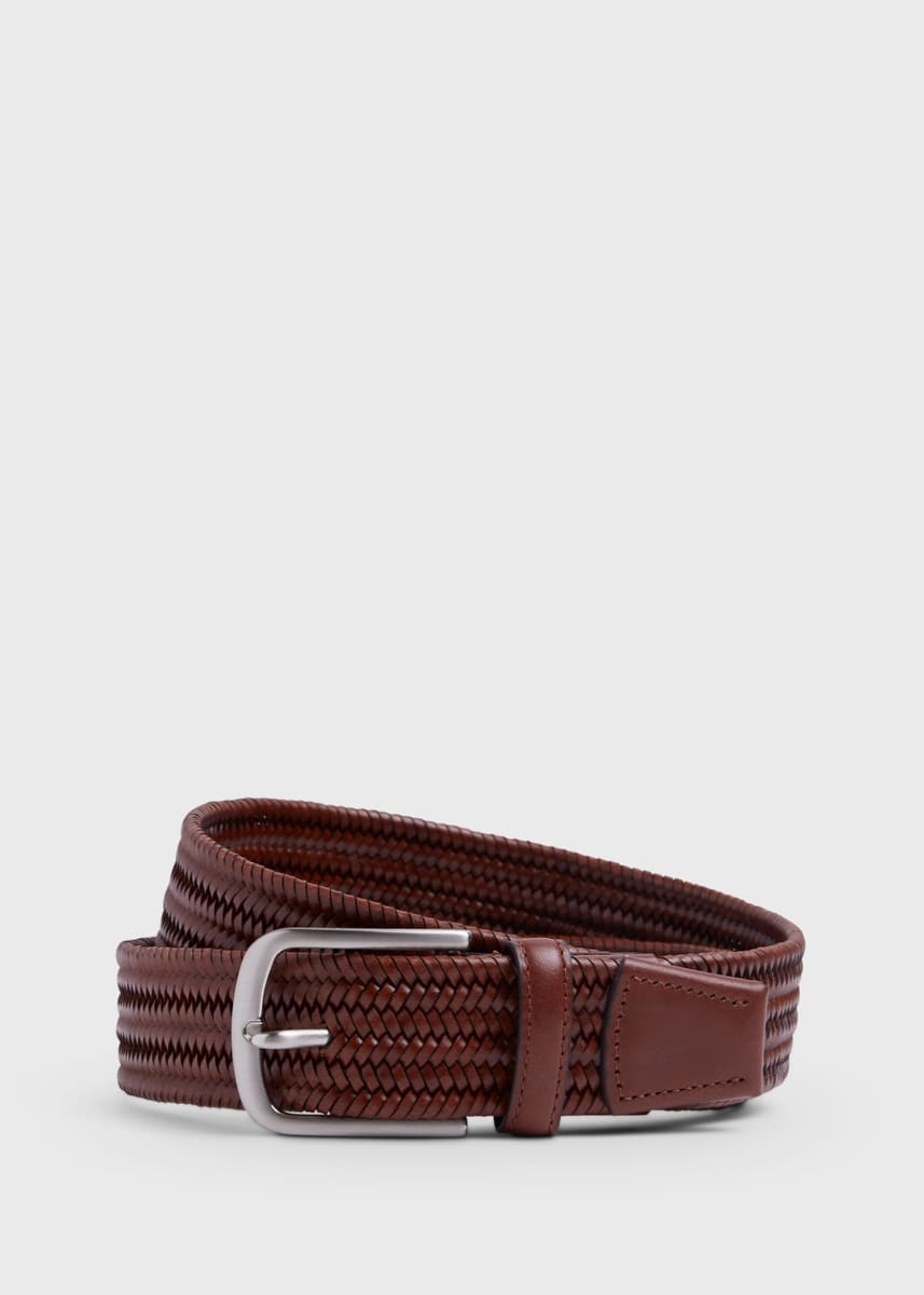 35MM Stretch Leather Woven Belt - Brown