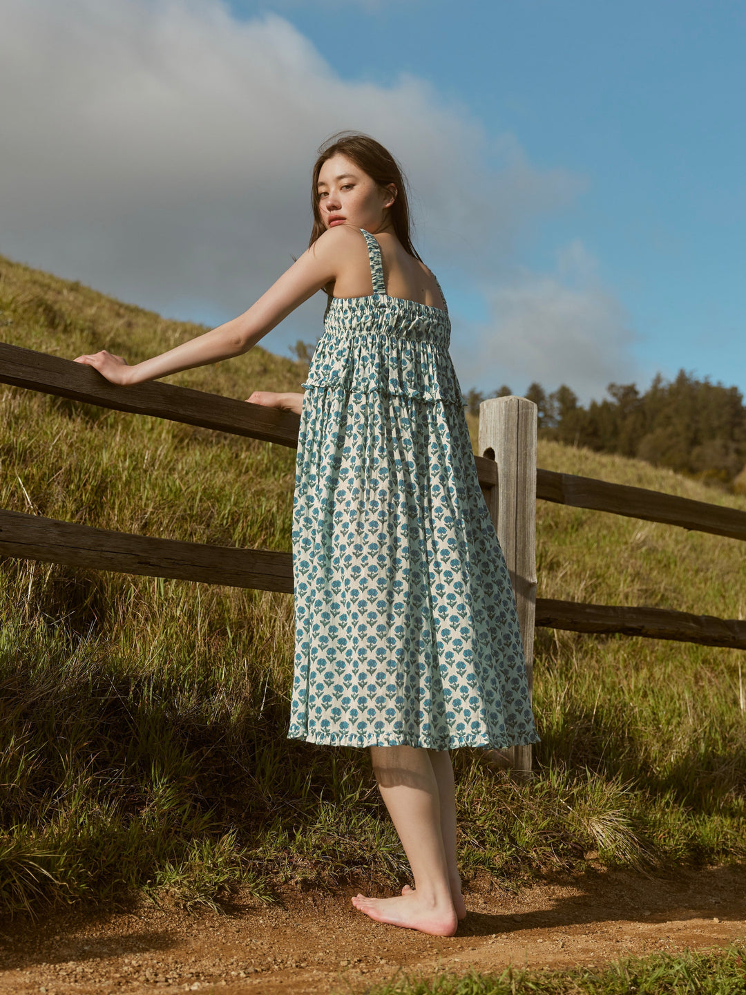 Gwen Ruffled Midi Nightgown - Ivory & Blue Bell