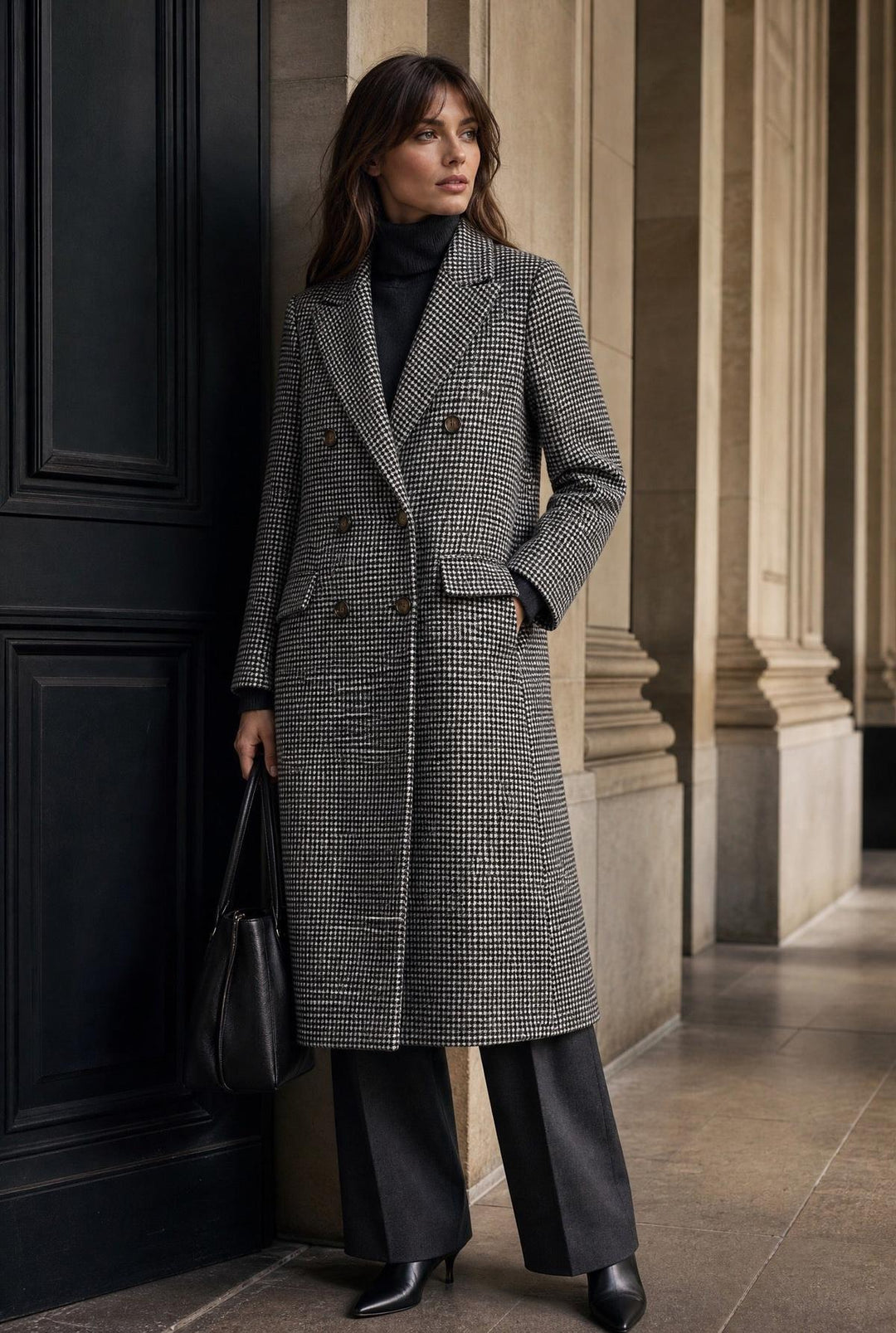 Houndstooth Double Breasted Coat - Black/White