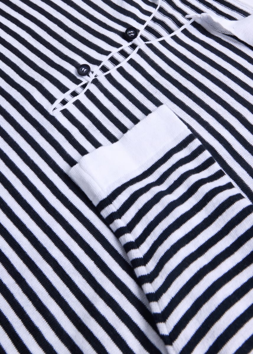 Linen & Cotton Long Sleeve Stripe Polo - Black/White