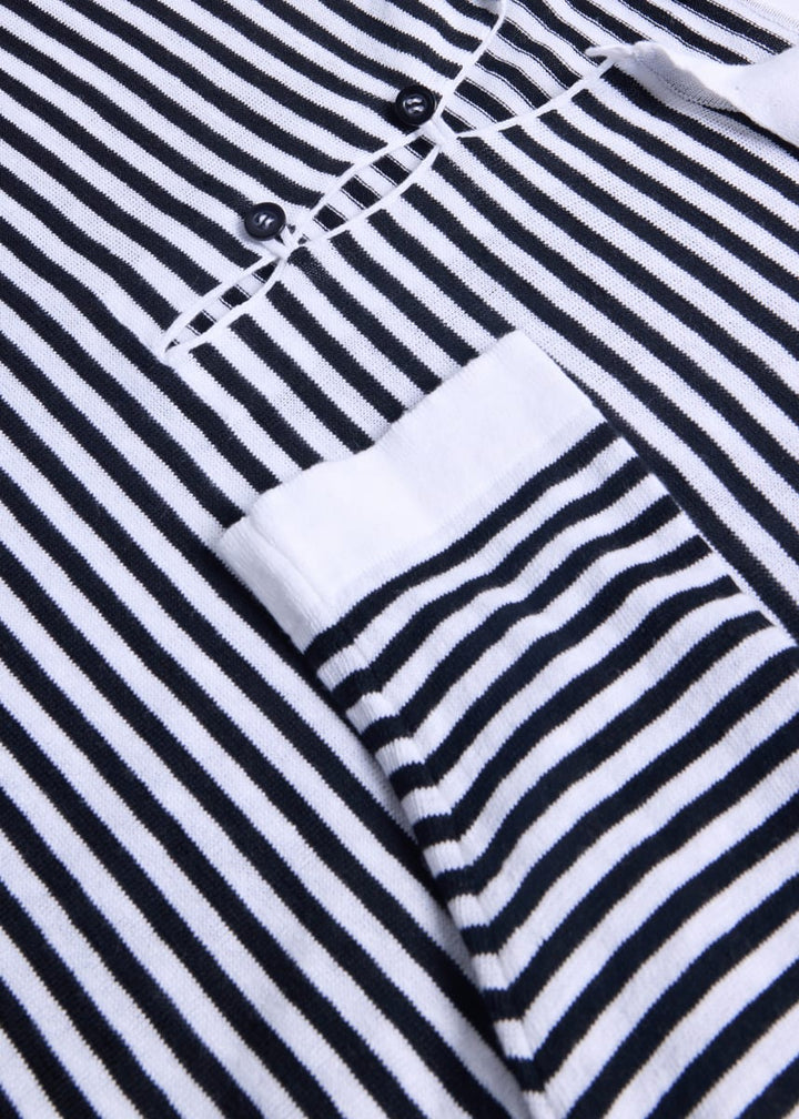 Linen & Cotton Long Sleeve Stripe Polo - Black/White