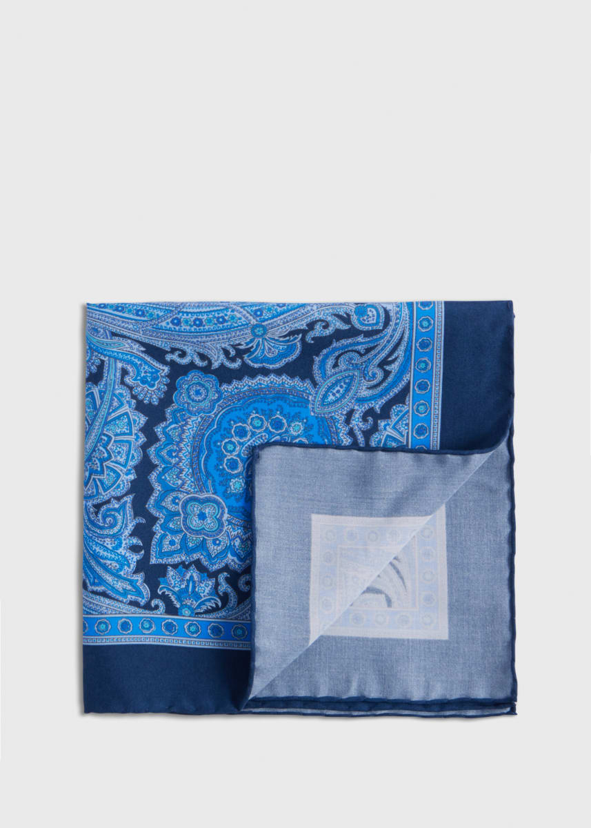 Printed Habotai Silk Paisley Pocket Square - Indigo