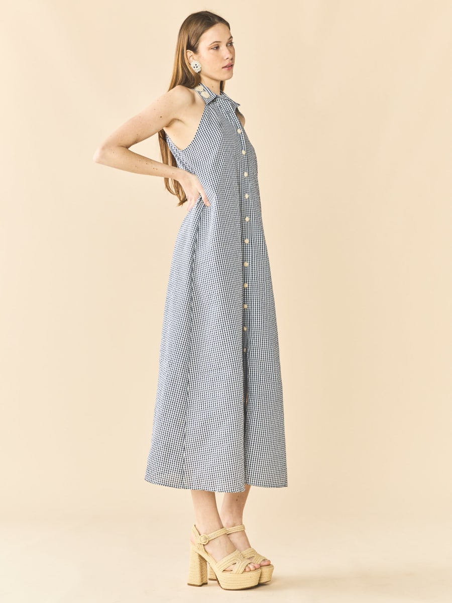 Cami Collar Dress x Rainey - Navy Gingham With Cream Crochet Applique