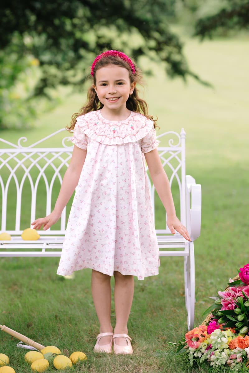 Myrtille Short Sleeve Bishop Dress - Floral/Pink