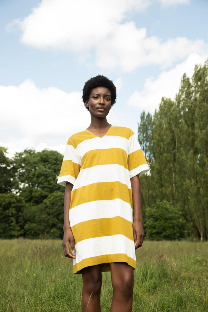 Sasha-Sue Organic Cotton Dress - Olive and White Bold Stripe