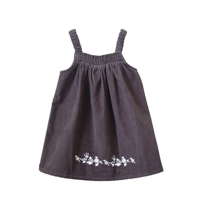 Toddler Pinafore Corduroy Dress With Embroidery - Gray & White