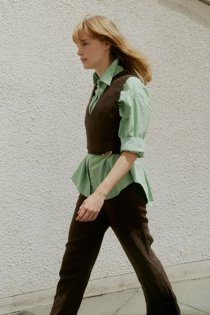 Flax Linen Tulle Wrap Vest - Chocolate